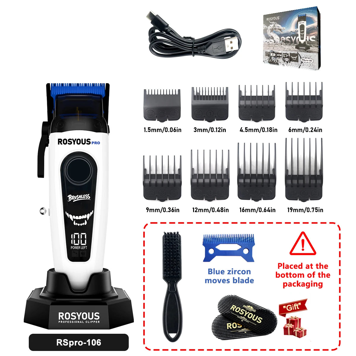 A white Rosyous Pro electric hair clipper with black accessories and packaging.