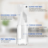 A clear mist spray bottle with an ergonomic design and thread design is shown on a light background.