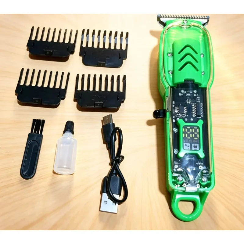 A professional cordless hair clipper trimmer in bright green with black attachments and a charging cable.