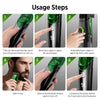 Six steps showing how to use a green precision rechargeable beard trimmer with suction design.