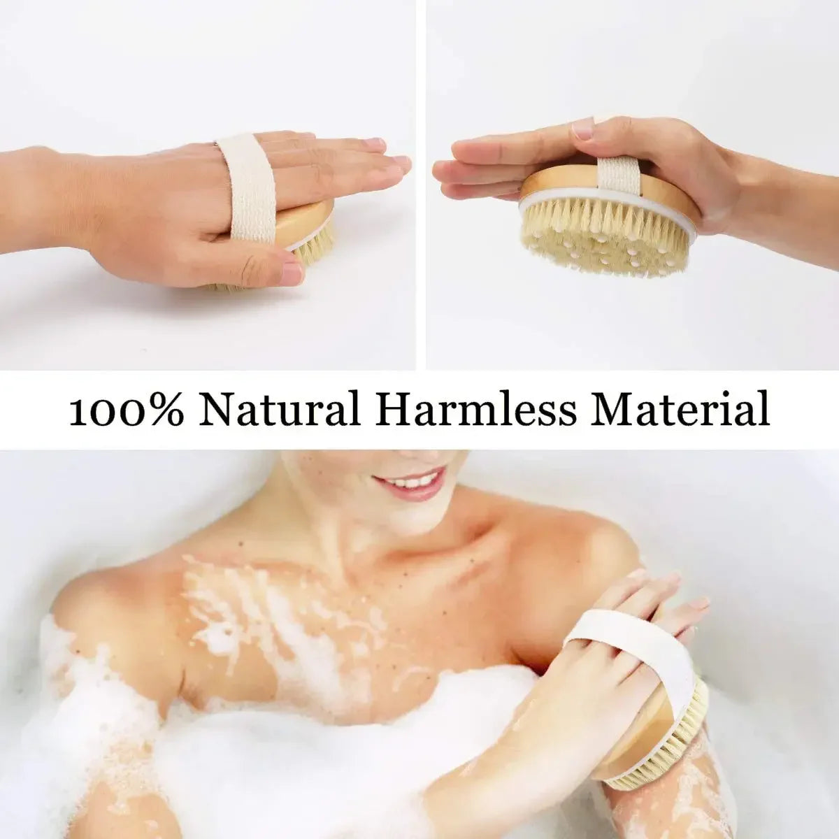 Hands holding a natural bristle body brush with a light beige strap, showing its texture and use for exfoliation.