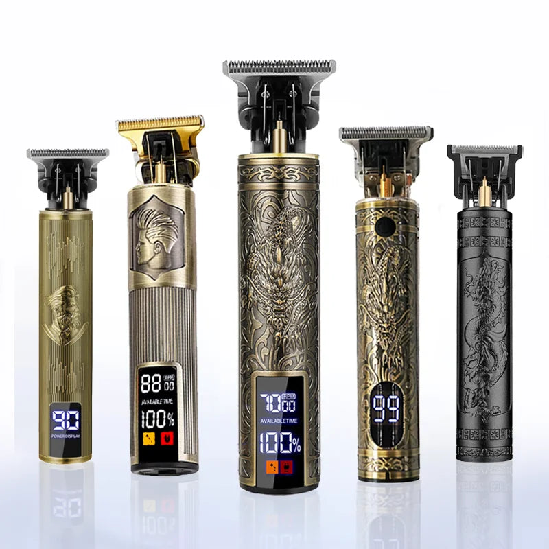 A collection of professional electric hair trimmers in gold and black finishes displayed vertically.