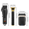 A black professional barber hair clipper set with a gold blade and various attachments shown in side view.