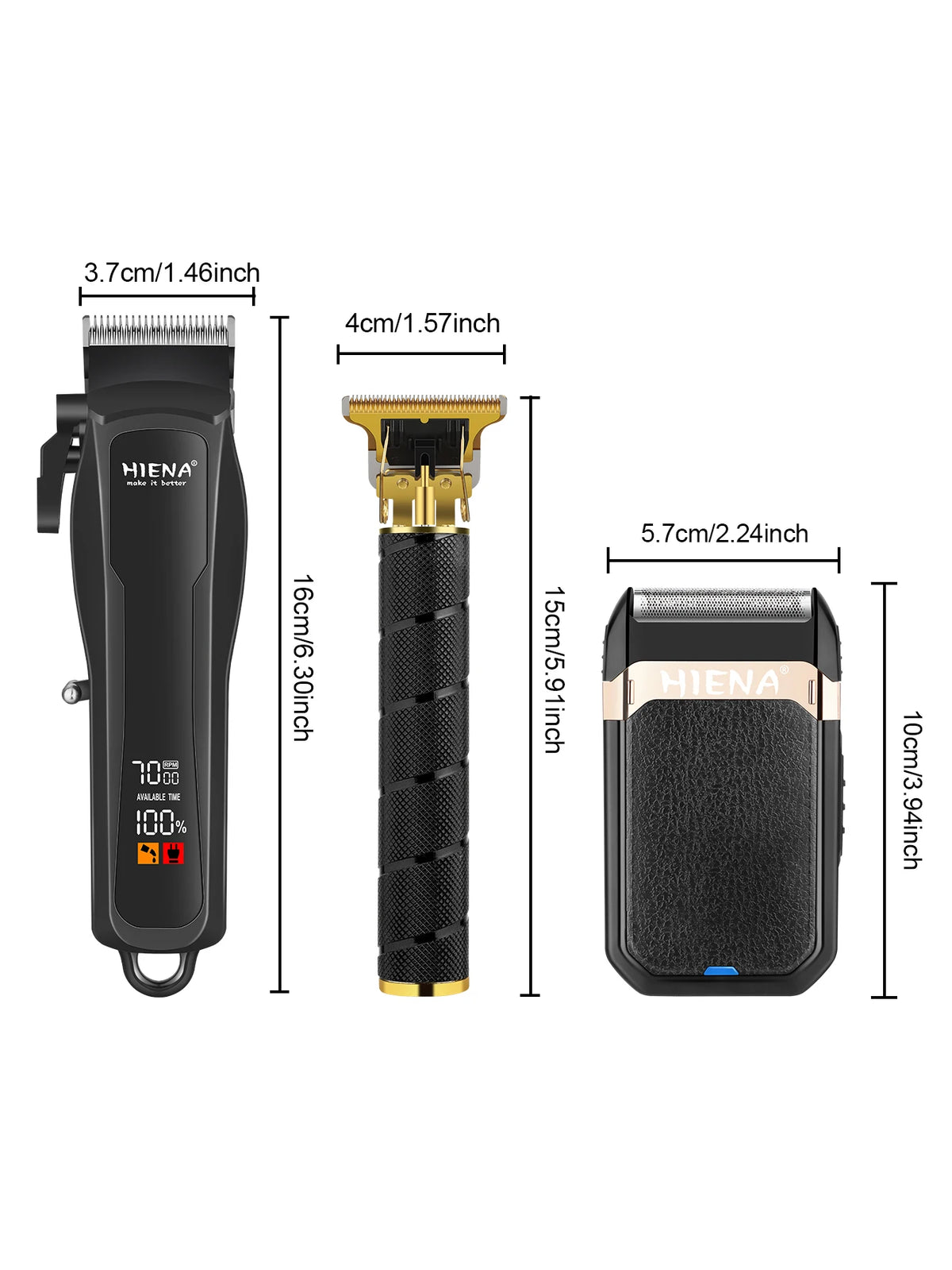 A black professional barber hair clipper set with a gold blade and various attachments shown in side view.