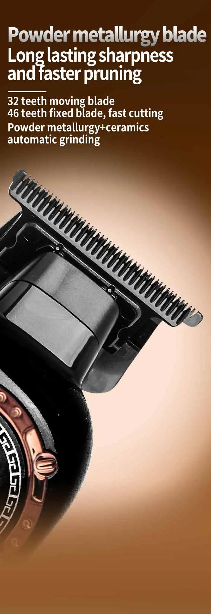 Close-up view of a black powder metallurgy blade on a professional cordless electric hair clipper.