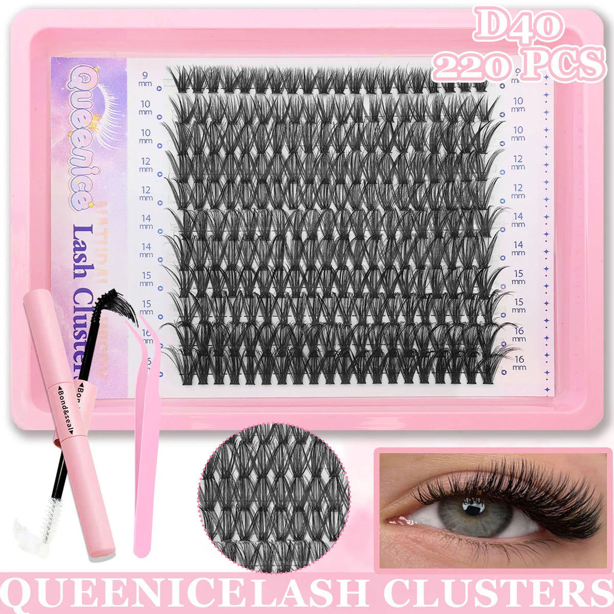 Un plateau en plastique rose contient des clusters de cils D40 et une paire de pinces roses pour extensions de cils DIY.