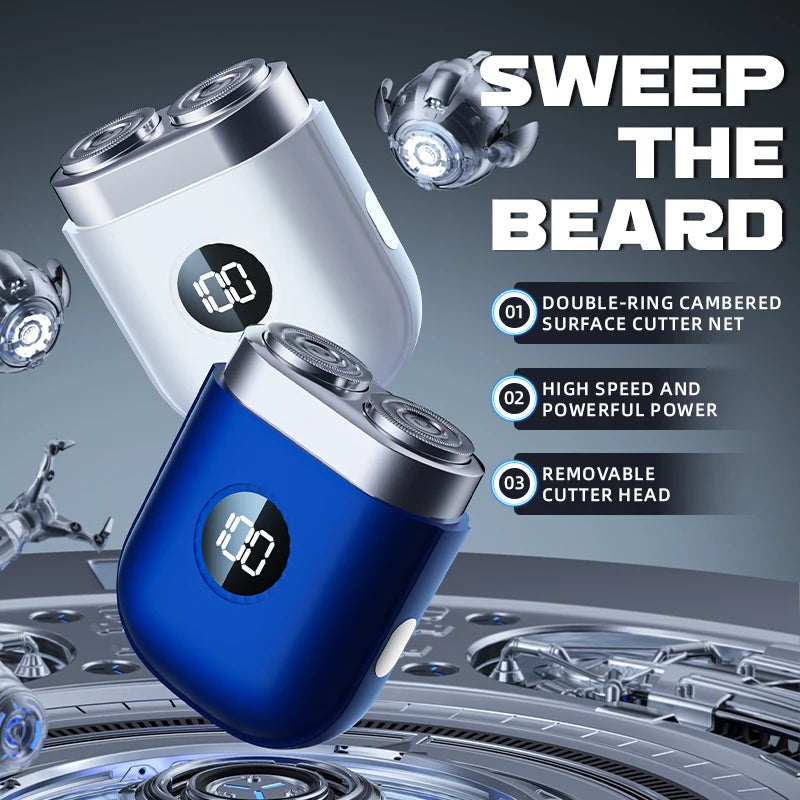 A silver and blue electric beard shaver with a removable cutter head is shown above a close-up of the device.