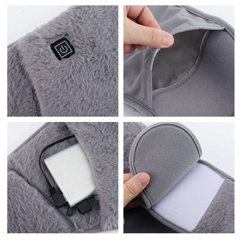 Close-up views of a gray electric heating therapy belt, showing the activation button, interior lining, and power cord connec