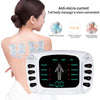 A woman is using a white anti-micro-current body massage device on her back, demonstrating muscle stimulation.