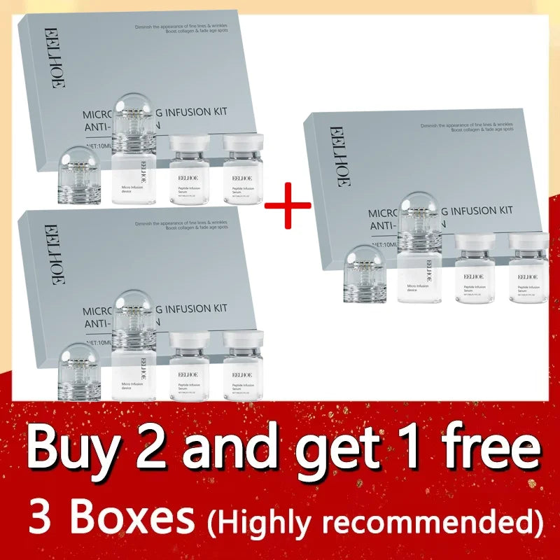 Three boxes of Collagen & Hyaluronic Acid Anti-Wrinkle Essence with individual bottles shown for a buy two get one free promo