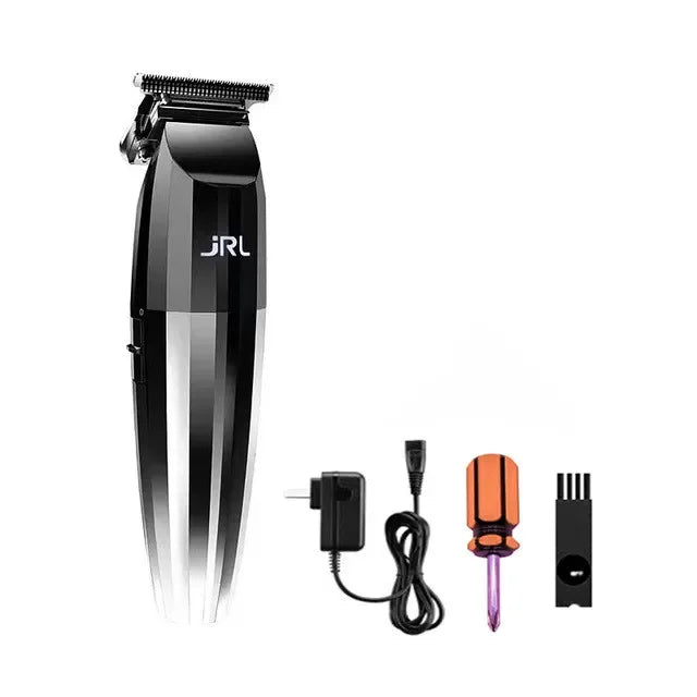 A black professional electric hair trimmer kit with a guard and various attachments.