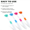 Un juego de raspadores de lengua de silicona en varios colores, incluyendo rosa, azul y naranja, con instrucciones de uso.