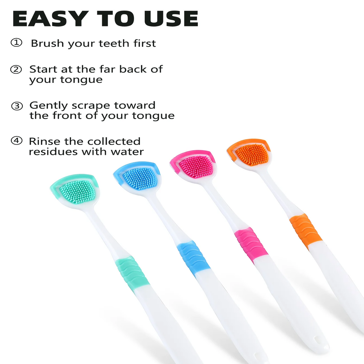Un juego de raspadores de lengua de silicona en varios colores, incluyendo rosa, azul y naranja, con instrucciones de uso.