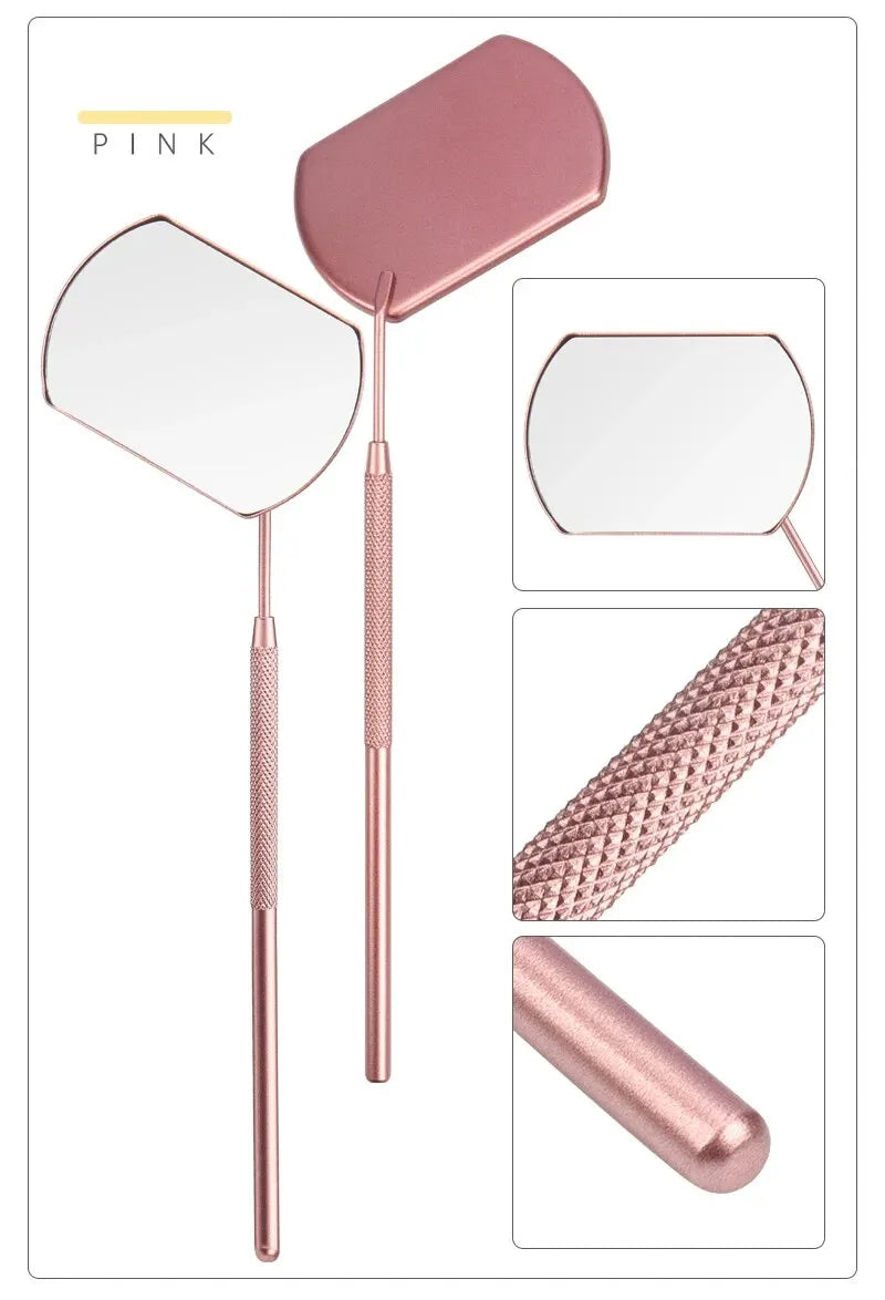 A pink professional stainless steel lash extension mirror set showing the mirror, handle, and a close-up of the textured grip