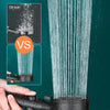 Comparison image showing an old style shower head versus a new high-pressure handheld shower head being used.