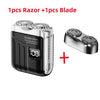 Portable electric shaver with a blade and a spare blade shown next to the device.