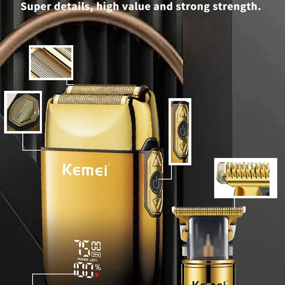 Close-up of a gold electric hair and beard trimmer kit showing detailed components and construction.