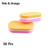 A pack of 50 pink and orange dual-grit nail buffing blocks.