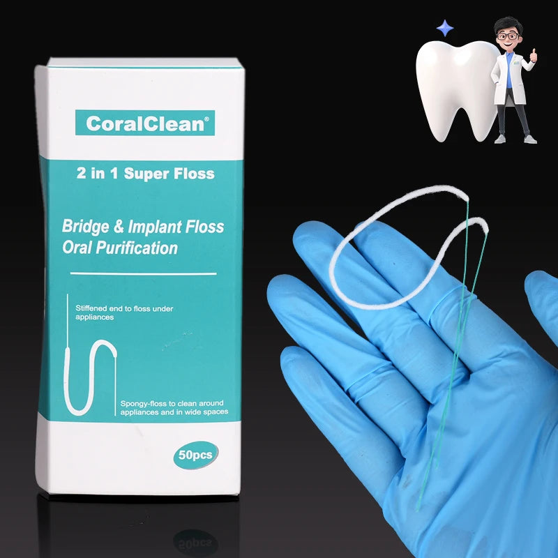 Box of CoralClean 2 in 1 Super Floss for bridge and implant oral purification shown next to a hand demonstrating the floss.