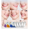 A set of silicone dental alignment trainers shown in various angles and on a model's face.
