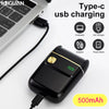 A black portable Type-C USB charging power bank with a green indicator light and a charging cable.