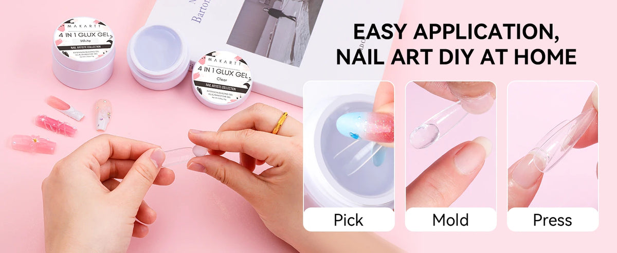 Hands demonstrate the easy application of a 4-in-1 solid builder nail gel for extensions and 3D nail art using pick, mold, an