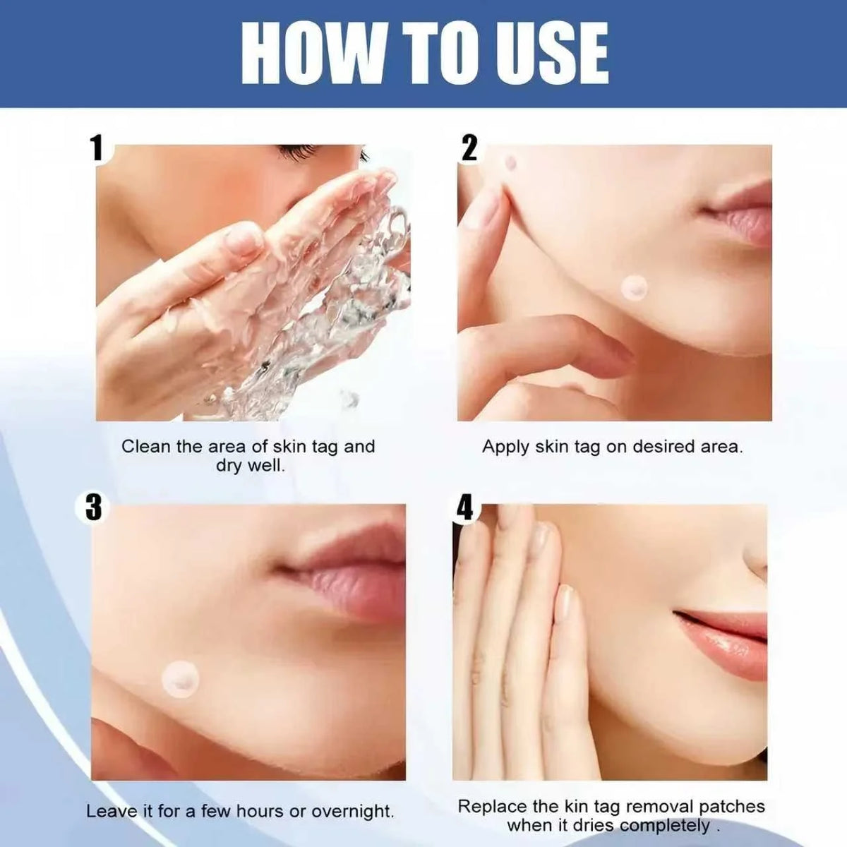 Instructions for using hydrocolloid acne patches, showing steps to clean the skin and apply or replace the patches.