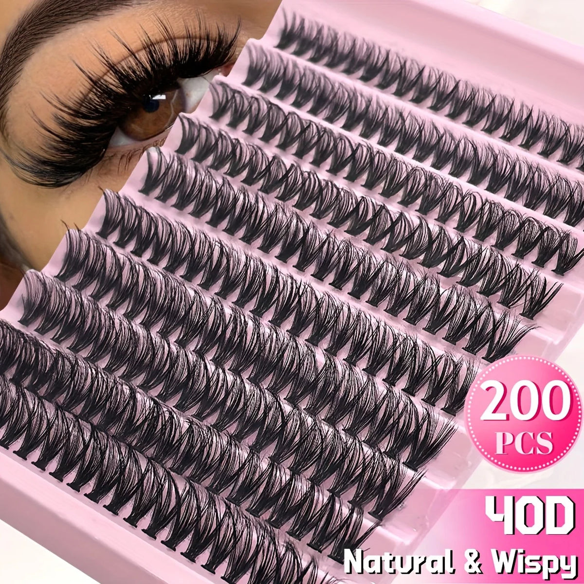 A pink plastic kit containing 200 pairs of black natural and wispy eyelash clusters for eye makeup.