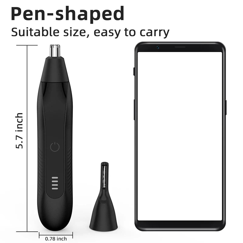 Schwarzer penförmiger 2-in-1 wiederaufladbarer Haartrimmer neben einem Smartphone zur Skalierung.