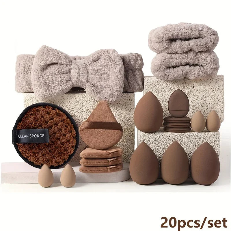 A set of 20 makeup brushes and accessories in a neutral beige color displayed on a white surface.