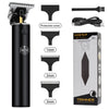 A black professional cordless hair trimmer kit with various guard attachments shown next to its packaging.
