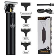 A black professional cordless hair trimmer kit with various guard attachments shown next to its packaging.
