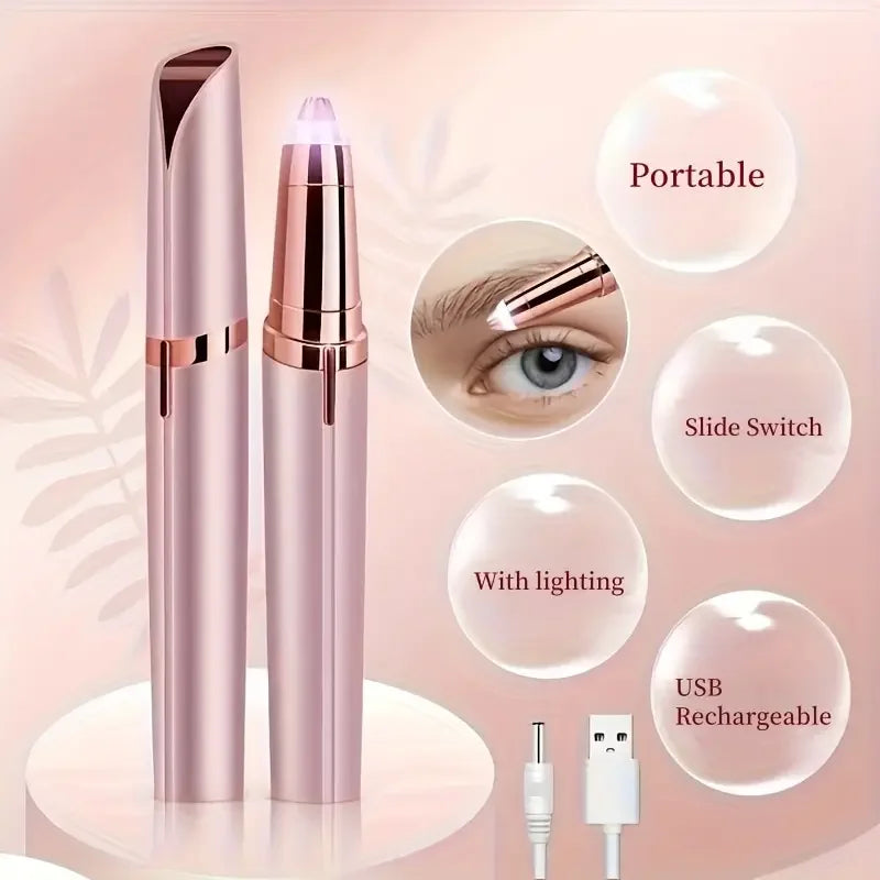 A pink precision electric eyebrow trimmer with a slide switch and USB rechargeable features and lighting.
