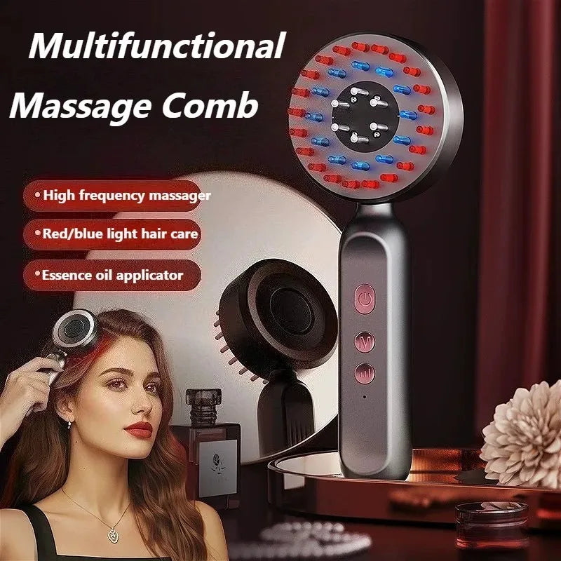 Peigne de massage multifonction avec lumière rouge/bleue et applicateur d'huile essentielle, à côté du visage d'une femme.