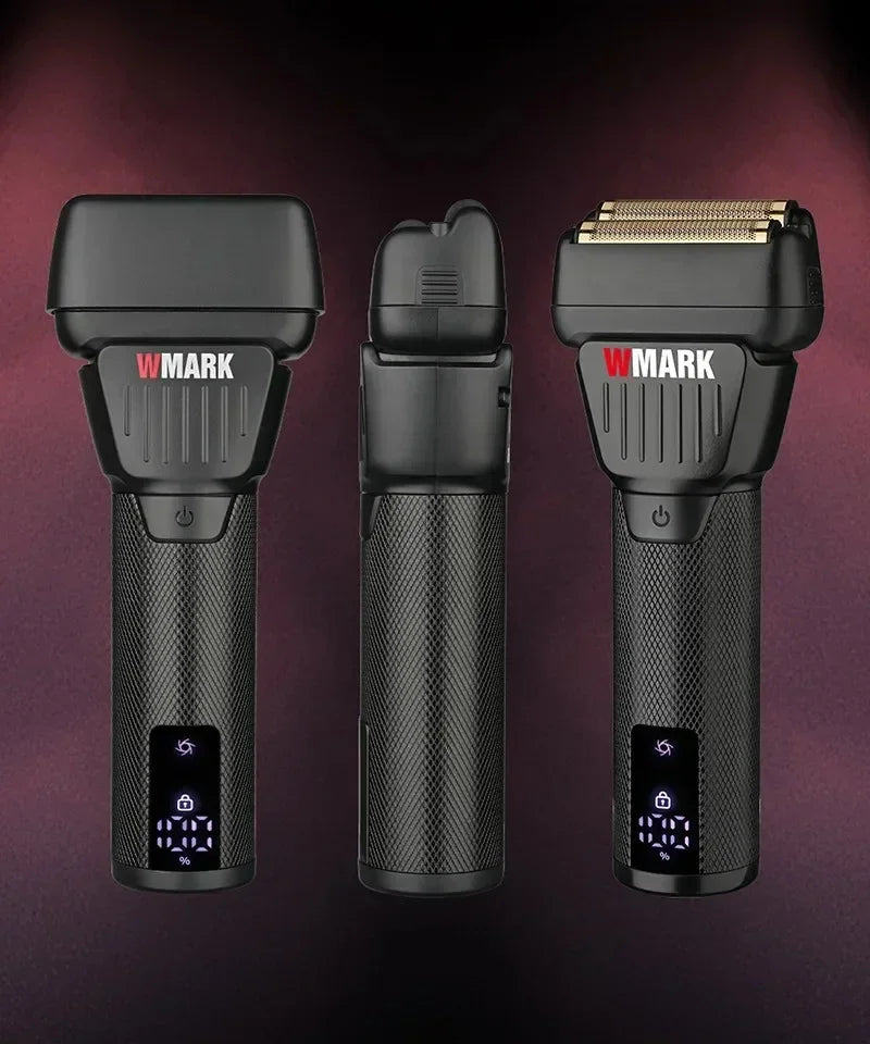 Three versions of a WMARK electric hair shaver with precision trimmer shown against a dark background.