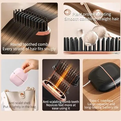A portable mini hair straightener with a round toothed comb is shown, demonstrating its use on hair.