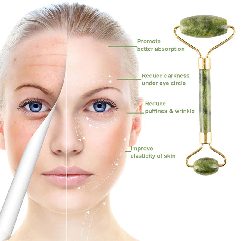 Jade Gua Sha facial massager tool with a green stone, demonstrating its use for skin benefits.