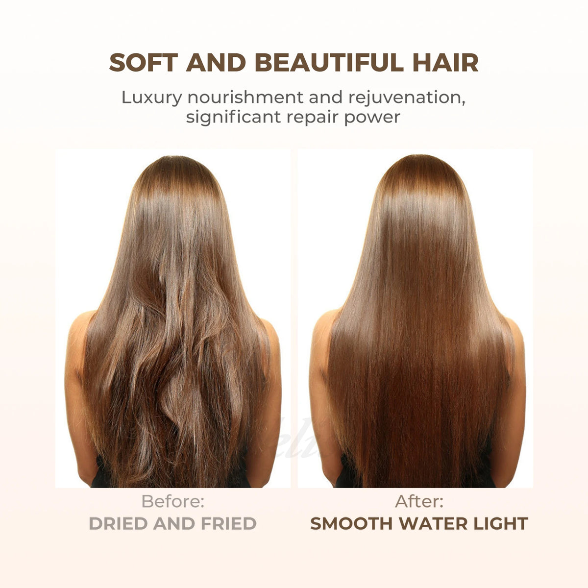 Before and after comparison of hair using a 5-in-1 professional styling brush, showing smooth water light results.
