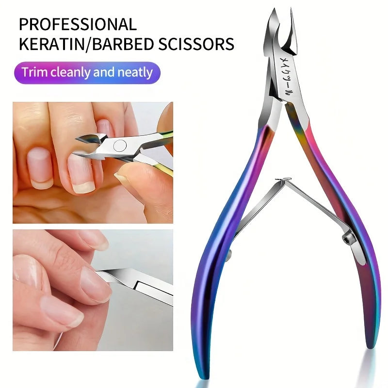 A pair of professional stainless steel keratin or barbed scissors with purple and silver handles shown next to a hand.