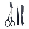 Stainless steel eyebrow trimmer kit showing a pair of grooming scissors and a trimmer tool.