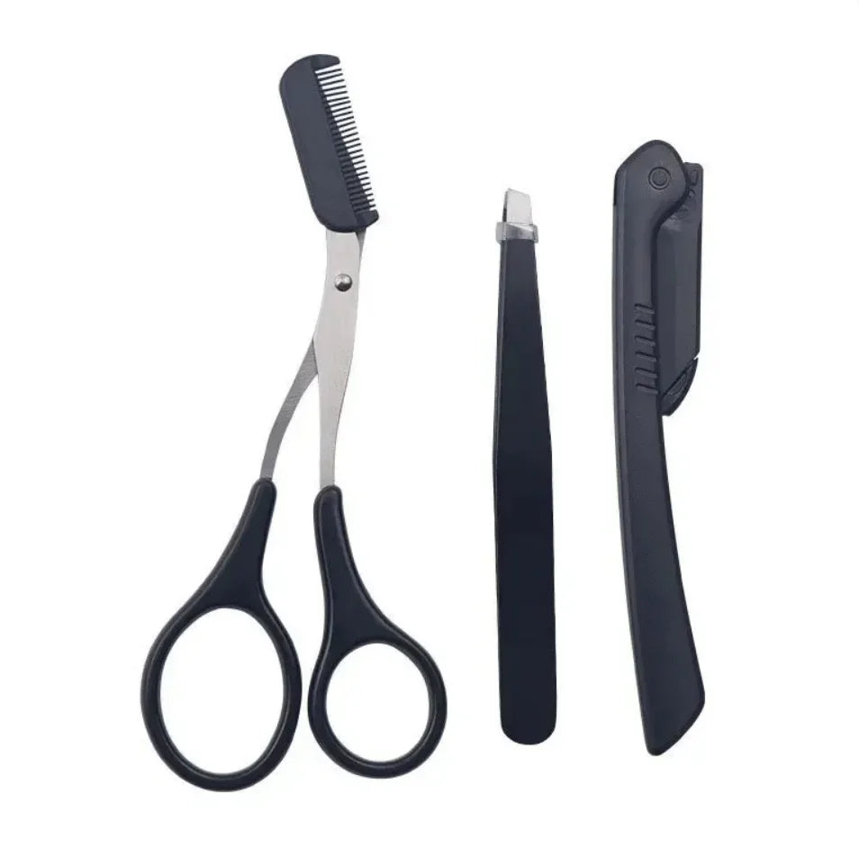 Stainless steel eyebrow trimmer kit showing a pair of grooming scissors and a trimmer tool.