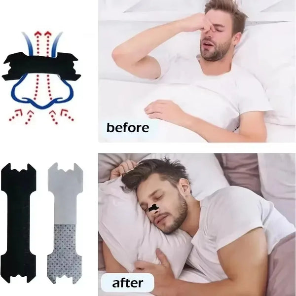 Before and after comparison showing the use of extra strength anti-snoring nasal strips for snoring relief.