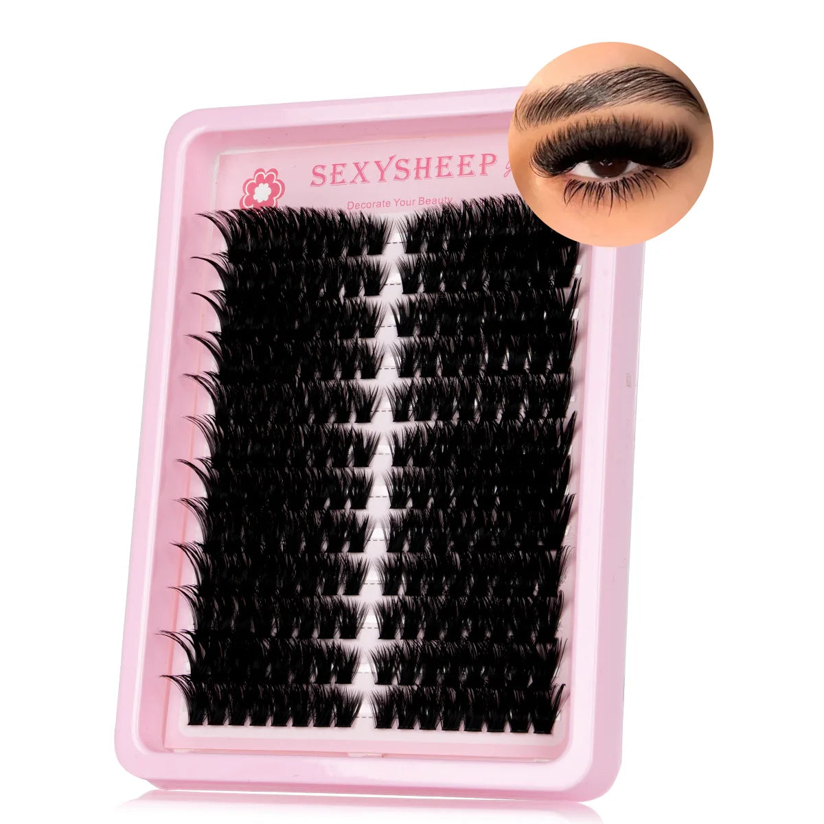 A pink lash tray containing black wispy lash clusters for DIY eyelash application.