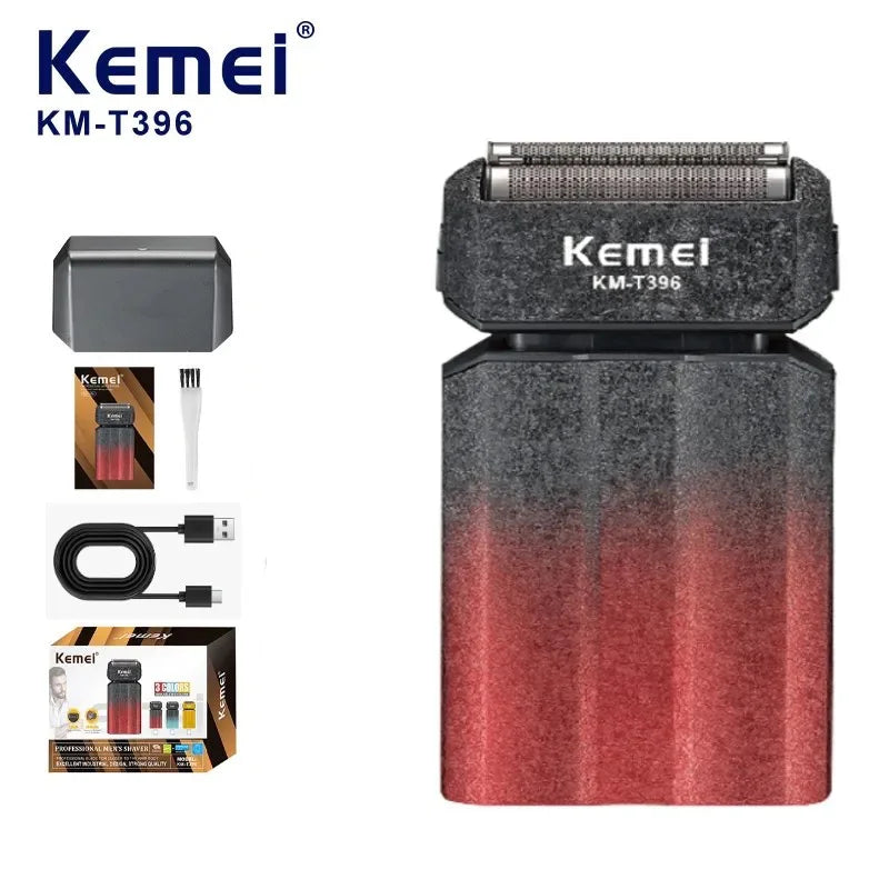 A Kemel KM-T396 electric foil shaver in black and red, shown with its charging head and cord.