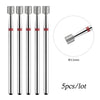 A set of five silver diamond nail drill bits with a red accent, shown vertically.