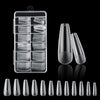 A collection of frosted French false nails in various lengths and natural finishes displayed next to a clear storage case.