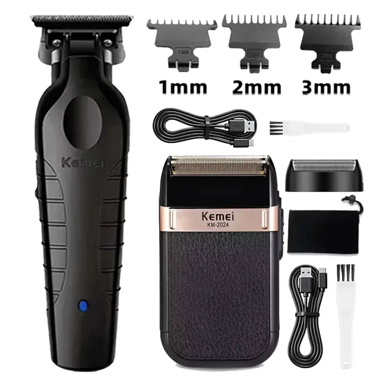 A black professional rechargeable beard and hair trimmer with various guard attachments shown.