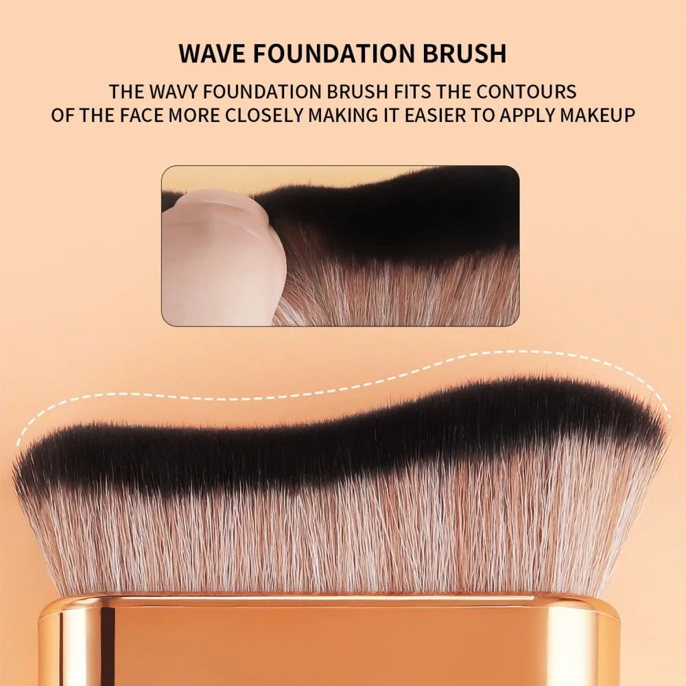 A close-up of a pro-grade contour foundation brush with wavy bristles shown against a light background.