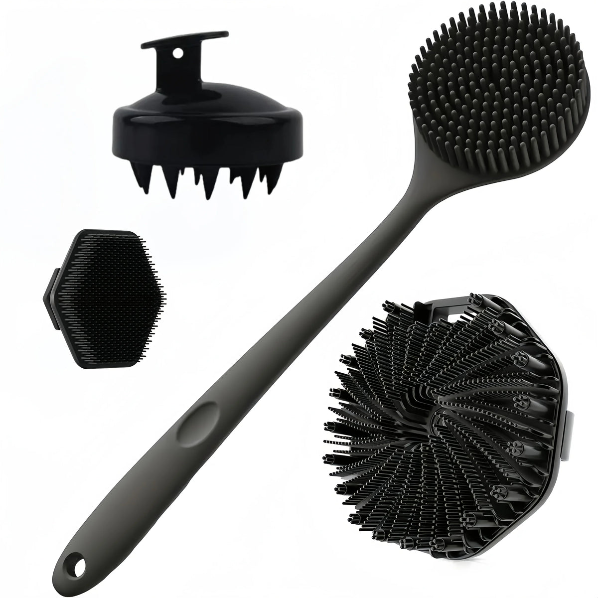 A set of black silicone bath and body scrub brushes including a handheld brush and a large exfoliating brush.