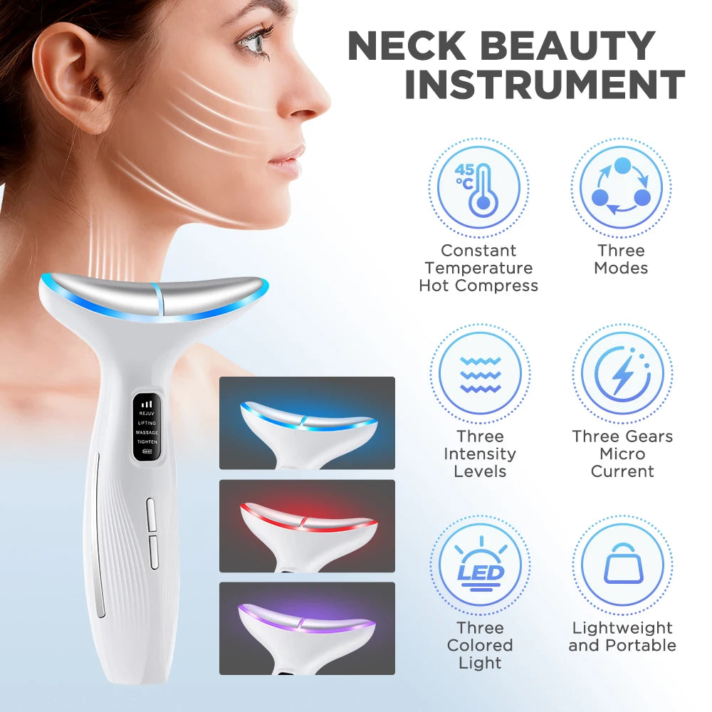 A white handheld beauty instrument used for neck massage and lifting, featuring three modes and LED light.